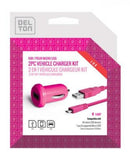 DELTON 2PC Vehicle Charger Kit & Micro USB  Rosado