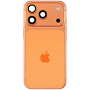 Tapa trasera Cosmic Orange usada para iPhone 17 Pro A29XX con puerto de carga y piezas pequeñas, lista para reparación.