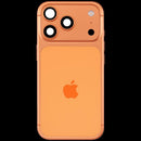 Tapa trasera Cosmic Orange usada para iPhone 17 Pro US, con puerto de carga flex y pequeños componentes.