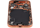Tapa trasera Cosmic Orange usada para iPhone 17 Pro A29XX con puerto de carga y piezas pequeñas, lista para reparación.