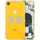 Tapa trasera amarilla para iPhone XR (A1984, A2105) con puerto de carga y componentes preinstalados.