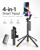 Trípode selfie negro con seguimiento IA, soporte giratorio para celular y control remoto Bluetooth. Ideal para vlogs y fotos.