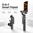 Trípode selfie negro con seguimiento IA, soporte giratorio para celular y control remoto Bluetooth. Ideal para vlogs y fotos.