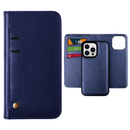 Funda wallet iPhone 13 Mini de cuero azul oscuro con ranura para tarjeta, cierre magnético.