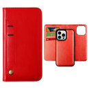Funda magnética roja de cuero genuino para iPhone 13 Mini con ranura para tarjeta, vista frontal.