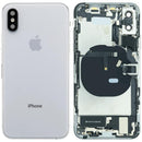 Tapa trasera usada plateada para iPhone XS (A1920, A2097) con puerto de carga y componentes preinstalados.