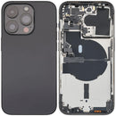 Tapa trasera usada iPhone 14 Pro Space Black A2659 con pequeñas piezas para reparación.