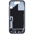 Chasis medio iPhone 17 Mist Blue usado, con puerto de carga y partes pequeñas para reparación.