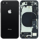 Tapa trasera negra OEM para iPhone SE 2020 (A2275), grado C, con puerto de carga y componentes preinstalados.