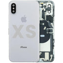 Tapa trasera plateada para iPhone XS con puerto de carga y componentes preinstalados, compatible con modelos A1920 y A2097.
