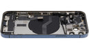 Tapa trasera azul Pacífico iPhone 12 Pro (A2407) refurbished con puerto de carga y piezas pequeñas.