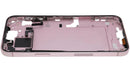 Chasis medio Apple iPhone 15 Plus A2847 usado, estructura plateada con pequeñas piezas de reparación.