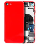 Tapa trasera roja para iPhone 8 (A1863, A1905, A1906) sin logo, con pequeños componentes preinstalados.