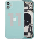 Tapa trasera usada verde para iPhone 11 (A2111) con puerto de carga y piezas pequeñas, lista para reparación.
