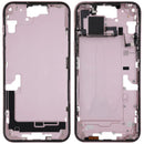 Chasis medio Apple iPhone 15 Plus A2847 usado, estructura plateada con pequeñas piezas de reparación.