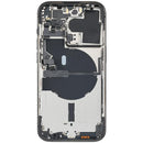 Tapa trasera usada iPhone 14 Pro Space Black A2659 con pequeñas piezas para reparación.