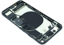Tapa trasera negra OEM para iPhone SE 2020 (A2275), grado C, con puerto de carga y componentes preinstalados.