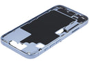 Chasis medio iPhone 17 Mist Blue usado, con puerto de carga y partes pequeñas para reparación.
