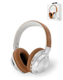 Auriculares inalámbricos ENCORE COGNAC con cancelación de ruido, almohadillas de cuero, diseño ergonómico y estuche de carga.