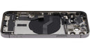 Tapa trasera gris espacial usada para iPhone 12 Pro con flex de puerto de carga y piezas pequeñas.