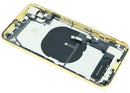 Tapa trasera amarilla para iPhone XR (A1984, A2105) con puerto de carga y componentes preinstalados.