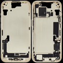 Chasis medio iPhone 15 amarillo (A2846) usado Grade C con puerto de carga y pequeñas piezas para reparación.