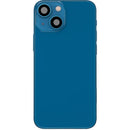 Tapa trasera azul usada para iPhone 13 mini A2481 con puerto de carga y pequeñas piezas.