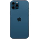 Tapa trasera usada iPhone 12 Pro Max Pacific Blue con puerto de carga, chasis y pequeñas piezas para reparación A2342.