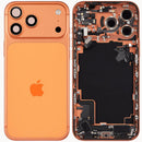 Tapa trasera usada Cosmic Orange para iPhone 17 Pro Max con puerto de carga y pequeñas piezas.