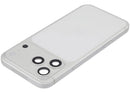 Tapa trasera plateada usada para iPhone 17 Pro Max A3295 con puerto de carga flex y piezas pequeñas, lista para reparación.