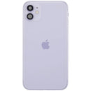 Tapa trasera púrpura usada para iPhone 11 (A2111) con puerto de carga flex y pequeñas piezas, ideal para reparación.