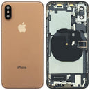 Tapa trasera dorada usada para iPhone XS (modelos A1920, A2097, A2100) con puerto de carga y cable flex preinstalado.