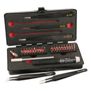 Set de herramientas Wiha ESD safe con 28 microbits de precisión y pinzas para reparación electrónica.