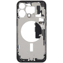 Tapa trasera usada iPhone 15 Pro Max A2848 con puerto de carga flex y pequeñas piezas, ideal para reparación.