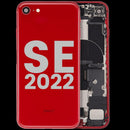 Tapa trasera roja usada para iPhone SE 2022 (A2595) con puerto de carga y componentes internos.