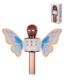 Altavoz y micrófono karaoke metálico rosa para niñas con mariposa brillante desmontable, ideal para fiestas.