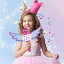 Altavoz micrófono karaoke metálico rosa para niñas con alas desmontables, ideal para fiestas y juegos.
