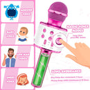 Altavoz micrófono karaoke metálico rosa para niñas con alas desmontables, ideal para fiestas y juegos.