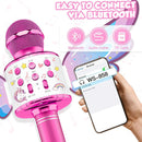 Altavoz micrófono karaoke metálico rosa para niñas con alas desmontables, ideal para fiestas y juegos.