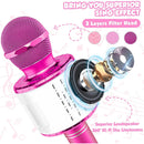 Altavoz micrófono karaoke metálico rosa para niñas con alas desmontables, ideal para fiestas y juegos.