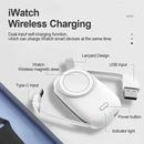 Batería portátil iWatch negra con lanyard y cable de carga, ideal para viajes.