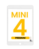 Cristal digitizer blanco Premium para iPad Mini 4, ideal para reemplazo y reparación de pantalla.