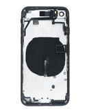 Tapa trasera Midnight para iPhone SE (2022) con componentes pequeños preinstalados, ideal para reparación BajoPPLCD.
