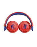 Audífonos inalámbricos JBL JR310BT Kids on-ear rojos y azules, con almohadillas suaves y banda ajustable para niños.