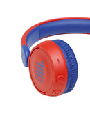 Audífonos inalámbricos JBL JR310BT Kids on-ear rojos y azules, con almohadillas suaves y banda ajustable para niños.