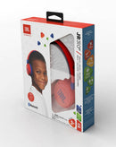 Audífonos inalámbricos JBL JR310BT Kids on-ear rojos y azules, con almohadillas suaves y banda ajustable para niños.