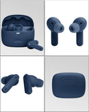 Audífonos JBL Tune Beam True Wireless azules, con estuche de carga, ideales para audio inalámbrico y llamadas.
