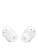 Auriculares true wireless JBL Vibe Buds 2 blancos, estuche de carga abierto y auriculares en su interior, fondo blanco.