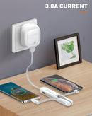Puerto de carga LDNIO LC130 3 en 1 de viaje, color blanco, con cables USB-C, Lightning y Micro USB.