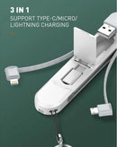 Puerto de carga LDNIO LC130 3 en 1 de viaje, color blanco, con cables USB-C, Lightning y Micro USB.